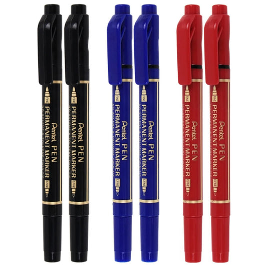 Pentel Black, Blue, Red Twin Tip Permanent Markers (Pack of 6)