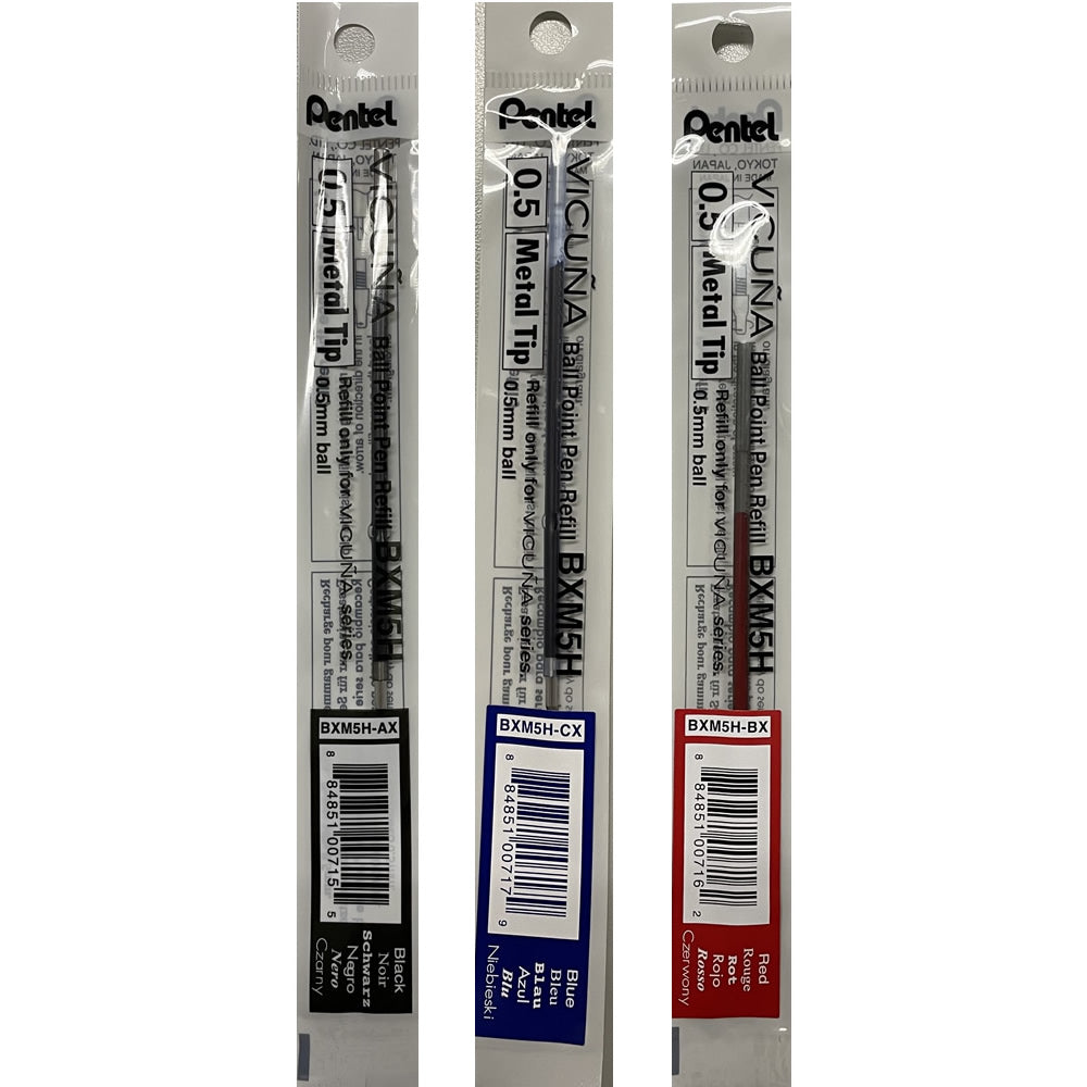 Pentel Vicuna 0.5mm Black, Blue and Red Pen Refills (Pack of 3)