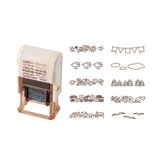 MIDORI Paintable Pre-inked Rotating Oil Based Brown Ink Stamp (10 Designs)