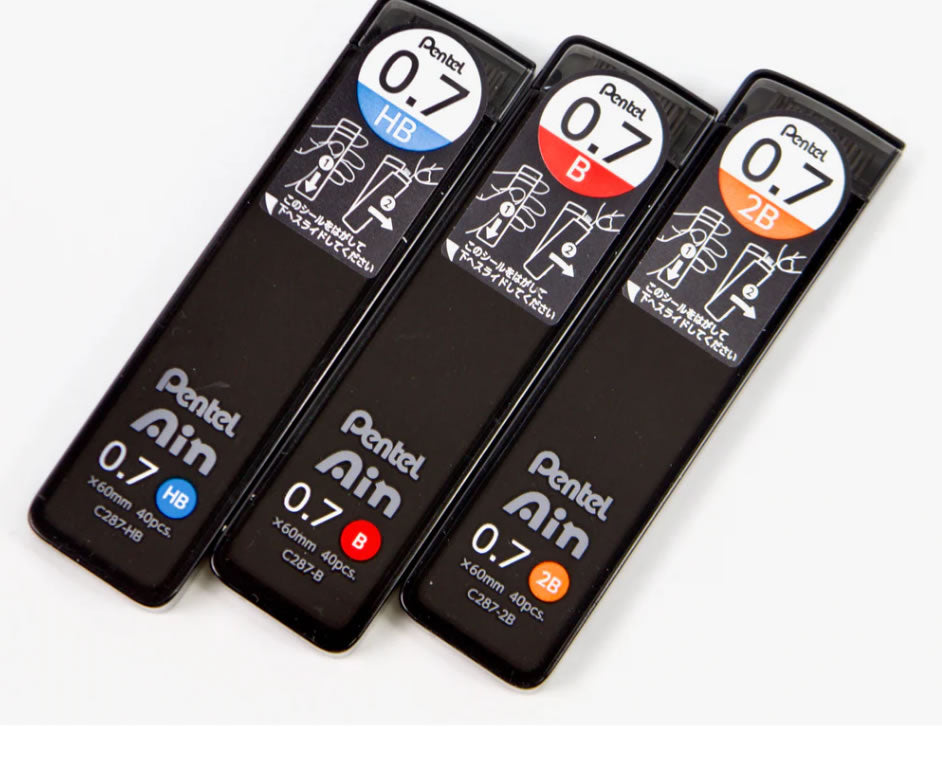 Pentel Ain HB, B and 2B 0.7mm Refill Leads (3 tubes)