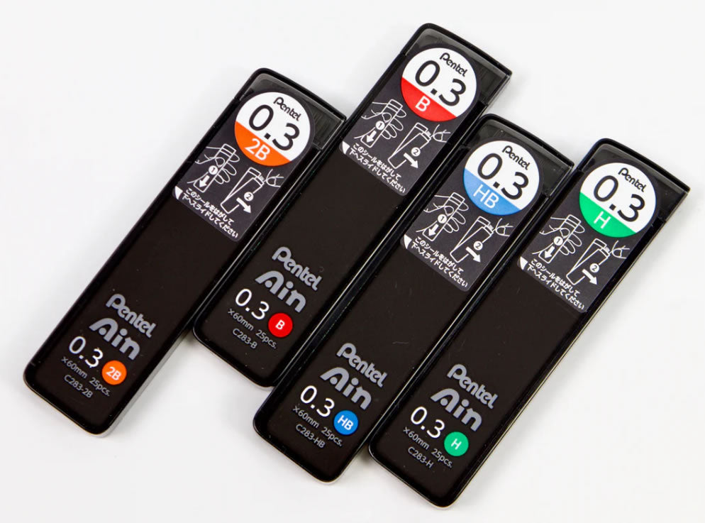 Pentel Ain HB, H, B and 2B 0.3mm Refill Leads (4 tubes)