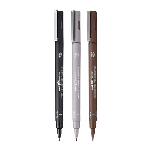 Uni Pin Black, Light Grey and Sepia Drawing Brush Pens (Pack of 3)