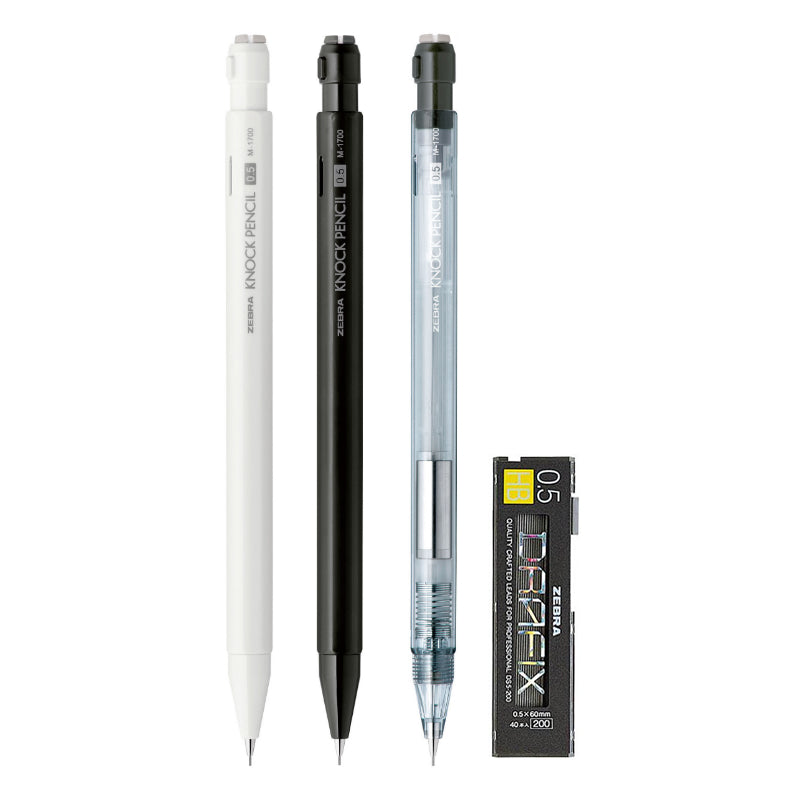 Zebra KNOCK PENCIL M-1700 0.5mm Mechanical Pencils (Pack of 3), DRAFIX Leads