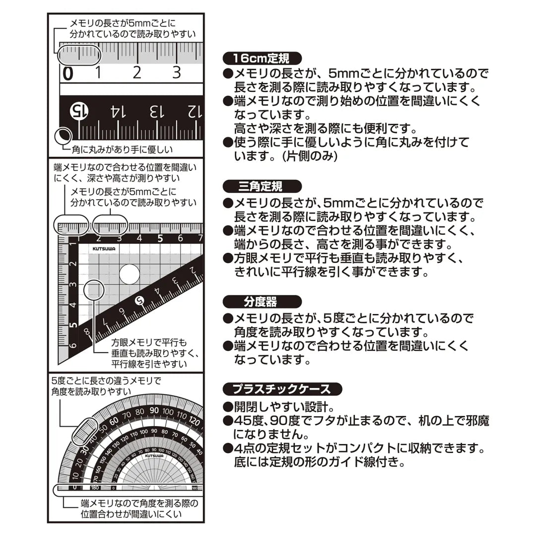 Kutsuwa STAD Arithmetic Rulers, Protractor Set (with Case)