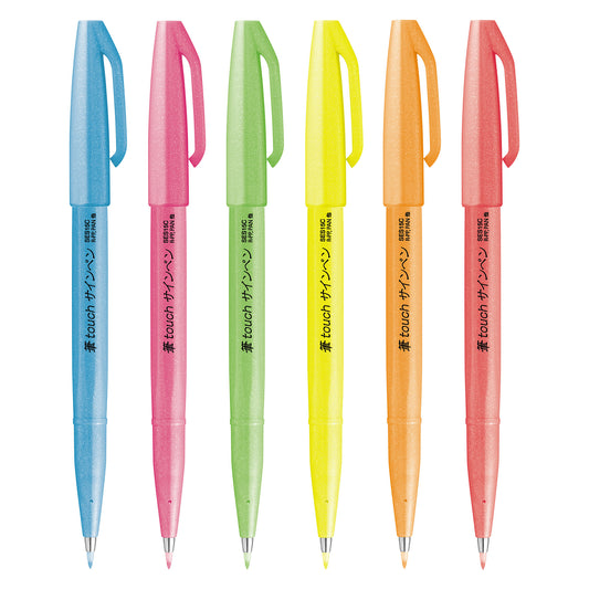 Pentel Neon Colour Series Fude Touch Calligraphy Brush Sign Pens (Pack of 6)