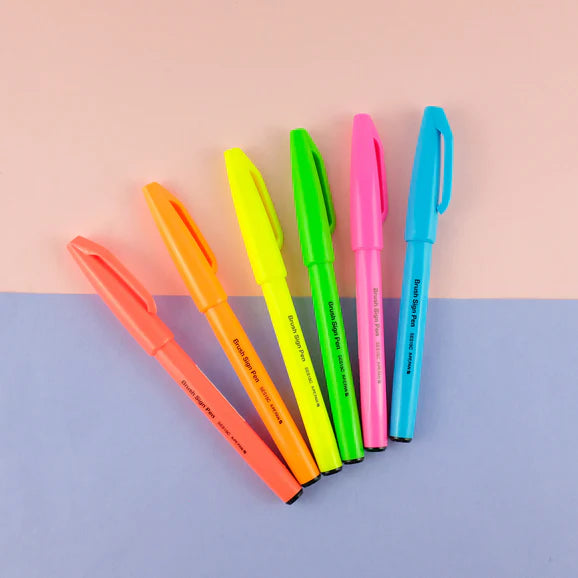 Pentel Neon Colour Series Fude Touch Calligraphy Brush Sign Pens (Pack of 6)