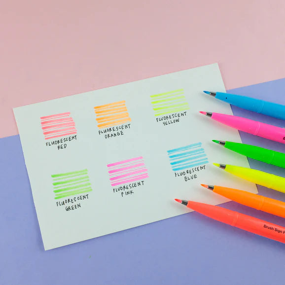 Pentel Neon Colour Series Fude Touch Calligraphy Brush Sign Pens (Pack of 6)
