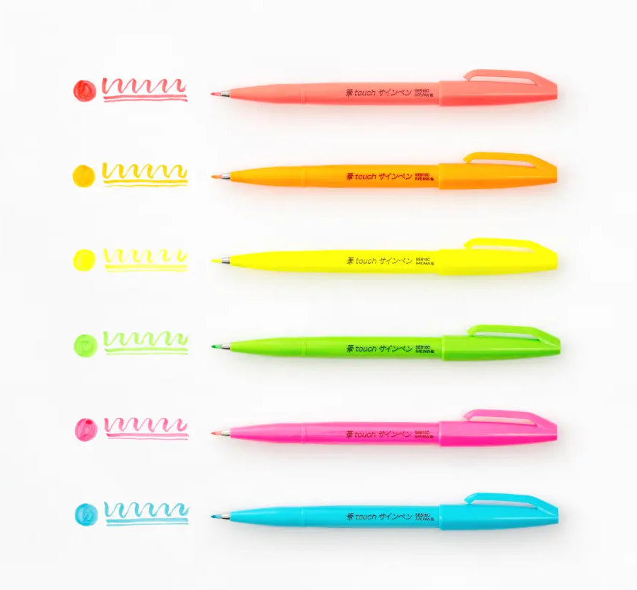 Pentel Neon Colour Series Fude Touch Calligraphy Brush Sign Pens (Pack of 6)