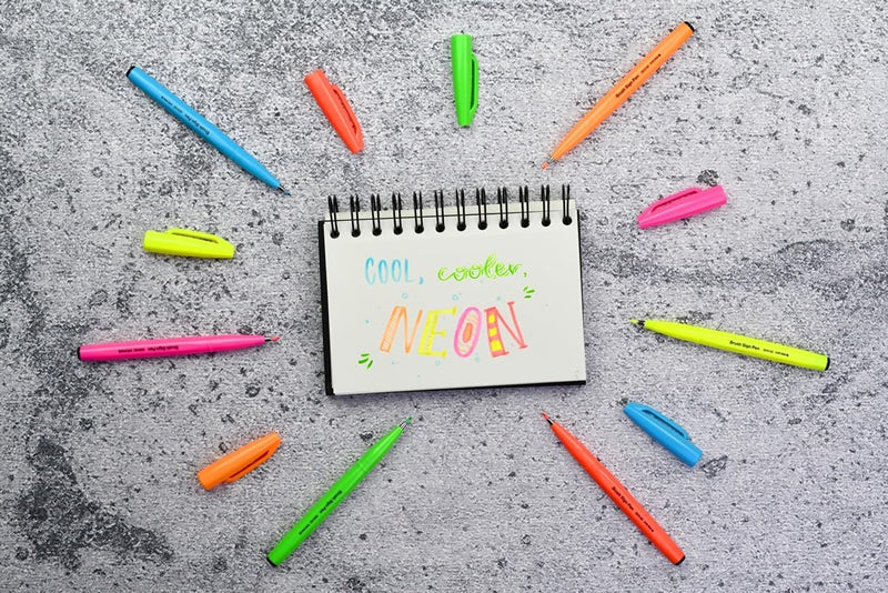 Pentel Neon Colour Series Fude Touch Calligraphy Brush Sign Pens (Pack of 6)