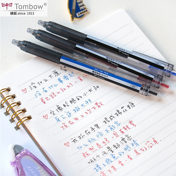 Tombow Mono Graph Lite 0.5mm Black, Blue, Red Gel Ink Pens (Pack of 3)