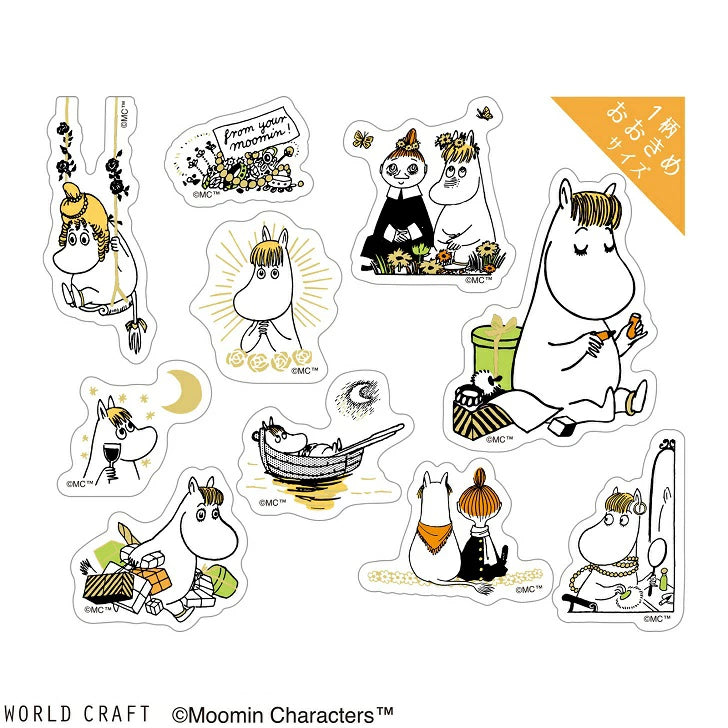 World Craft Moomin Characters Sparkling Clear Flake Stickers,10 Designs, 30pcs