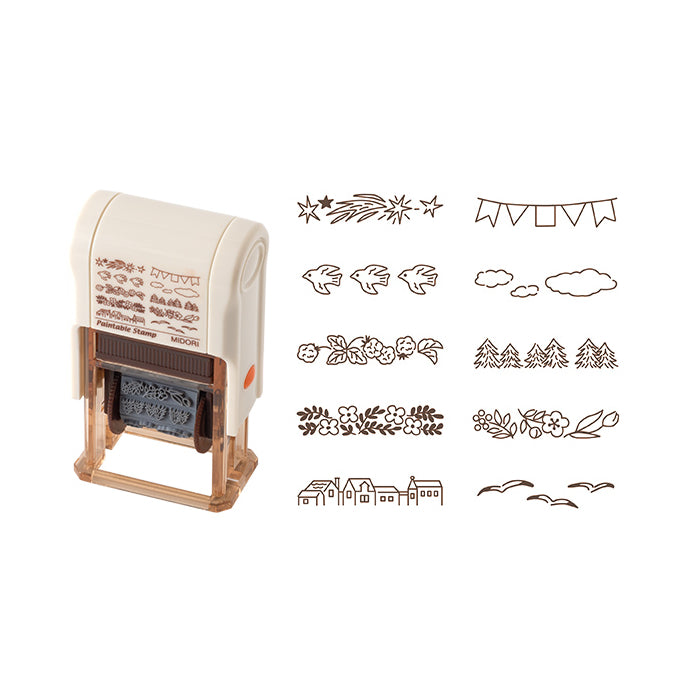 MIDORI Paintable Pre-inked Rotating Oil Based Brown Ink Stamp (10 Designs)