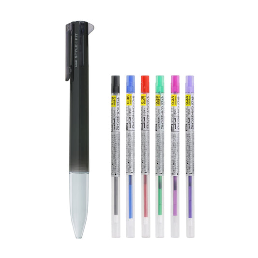 Uni STYLE FIT 5-Colour Black Pen Body, 0.38mm Pen Refills (Pack of 6)