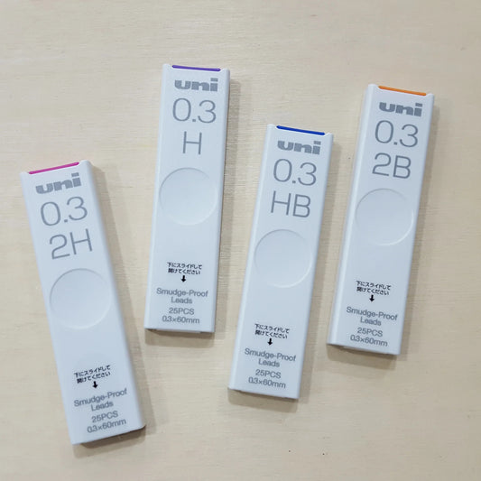 Uni 0.3mm Smudge-Proof 2H, H. HB, B and 2B Refill Leads (5 tubes)