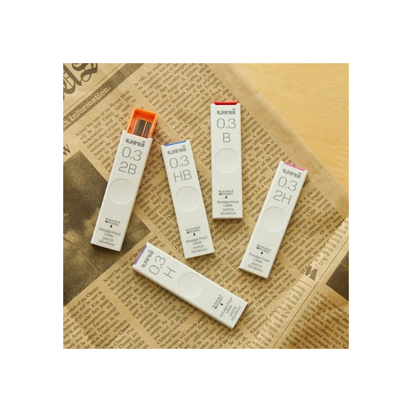 Uni 0.3mm Smudge-Proof 2H, H. HB, B and 2B Refill Leads (5 tubes)