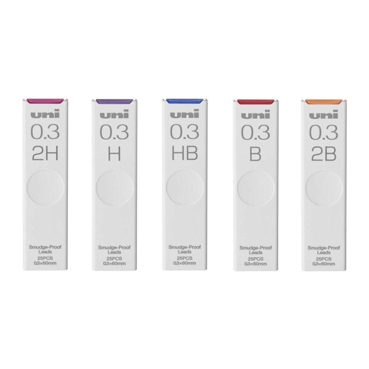 Uni 0.3mm Smudge-Proof 2H, H. HB, B and 2B Refill Leads (5 tubes)