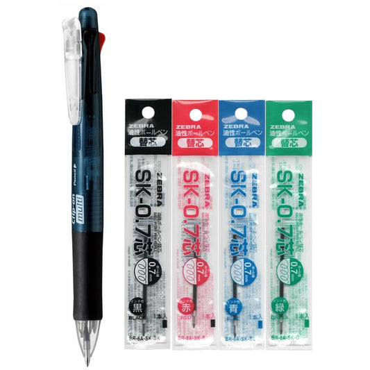 Zebra Clip-on multi 0.7mm Multifunctional Pen + SK-0.7 Black, Blue, Red, Green 0.7mm Refills (4pcs)